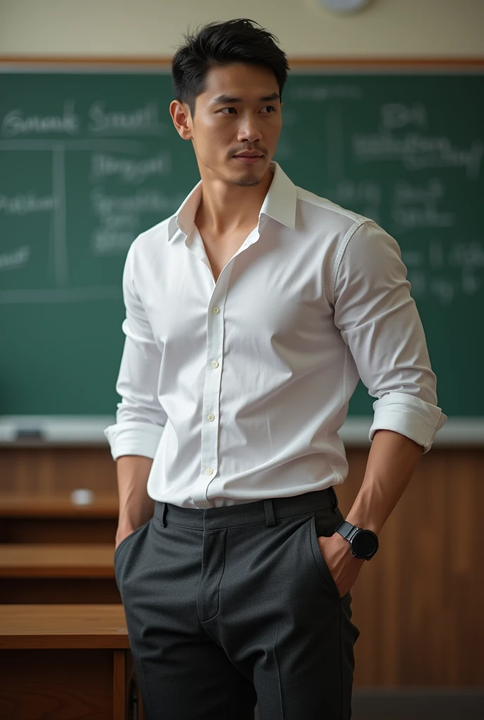 Vietnamese man, 30 years old, teacher,Handsome and elegant, Wearing a  uniform, sexy , Masculine and handsome，musculous，Muscles look good, with fair skin,, Full body photo,(ultra-detailed, photorealistic, best quality, 4k, 8k, highres, masterpiece:1.3), a mature man, charming and distinguished , (muscular build body), wearing tailored shiny  dress shirt, , perfectly fitted charcoal trousers, sweat, unbutton buttons shirt, lewd face ,tight chest, sex,See-through shirt, erotic, horny, , Accessories include a luxury wristwatch, in the Classroom‎,looking at viewer,muscle veins,no underwear ,Tight shirt makes muscle,unbutton,six pack