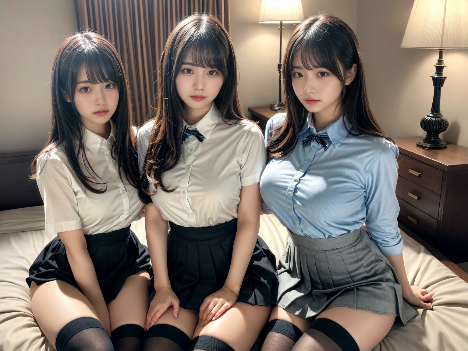 masterpiece, best quality, illustration, Super detailed, fine details, High resolution, 8K,wall paper, perfect dynamic composition,(Details High quality, realistic depiction of eyes:1.3), (3 girls), (collared shirt:1.1), pleated skirt, knee high socks, sitting, open legs, short bob hair, in a hotel room in the background, deep on field, large breasts, black hair color, Big Natural Color Lip, (perfect body shape), crying a little、Harajuku style、20 year old girl、cute type、beautiful legs, Gravure Idol