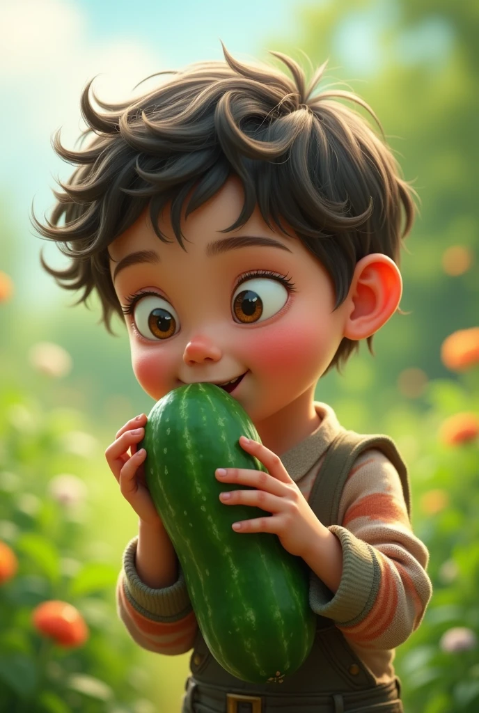 Make a picture of a boy sucking a cucumber