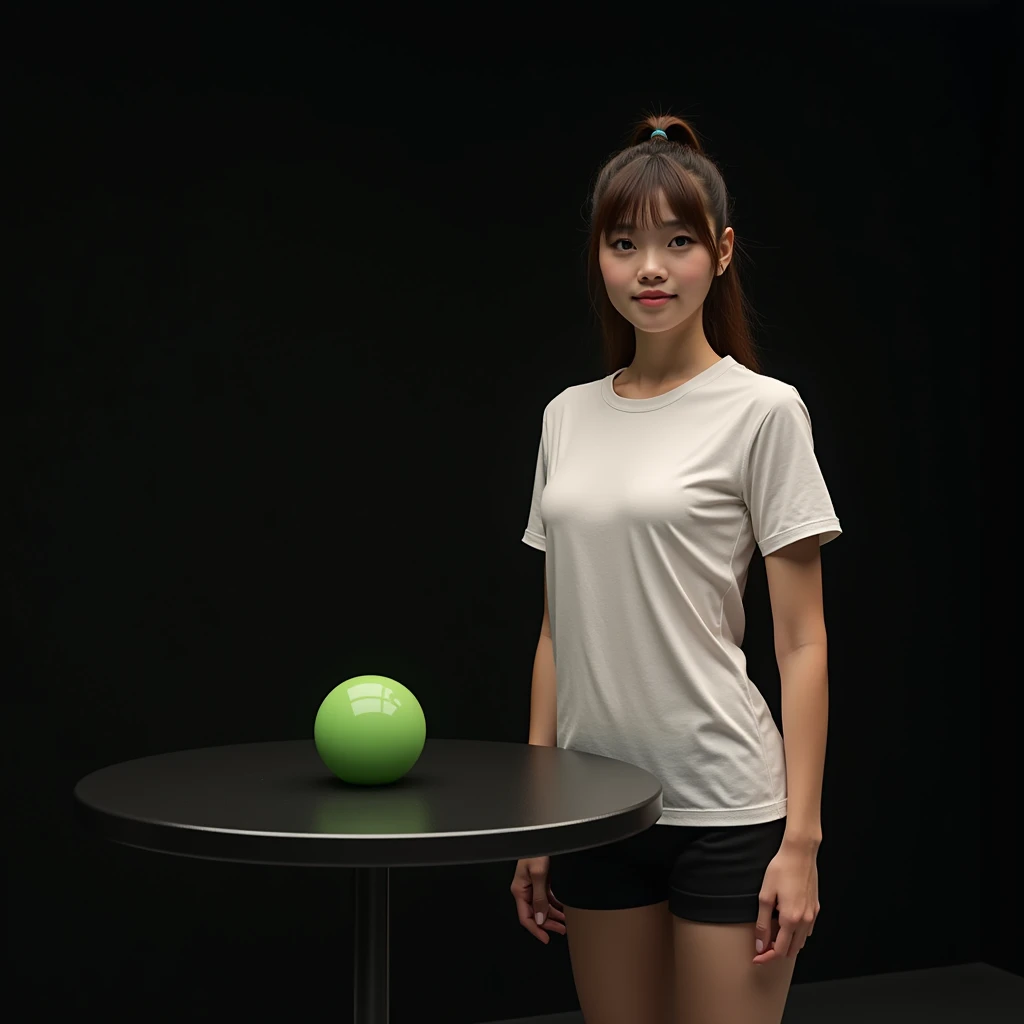 main item is a high ,black ,huge surface ,table displaying a very small green cude(size like a fist) with no shadow ,  
and a 16years old ,ponytail,CUTE, BEAUTIFUL ,asian, with Bangs,white T shirt,black shorts, big breasts(34 E CUP) ,very white skin tone lady standing next to it 
and 
the whole body of the lady facing the camera
the back ground is a black wall
taking a realistic far view photo