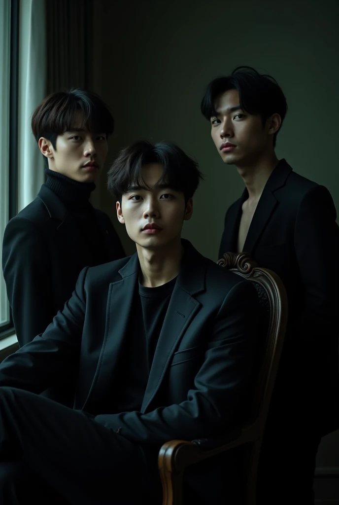 in one side view seat, first guy taehyung looking posing on camera beside him is jimin face and back leaning on chair with jawline and nose bridge and beside jimin is jungkook looking at him, Dark lighting