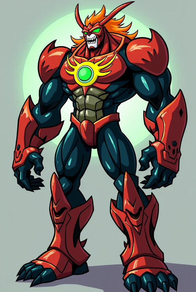 ((best quality)), ((masterpiece)), (detailed), "Design a powerful hybrid creature that embodies the combined features of all Ben 10's aliens. This creature should have a towering and muscular physique, incorporating the most iconic traits of each alien. For example, it could have the fiery hair and magma-like skin of Heatblast, the four arms and incredible strength of Four Arms, the sleek, aerodynamic build and speed of XLR8, and the wings of Stinkfly. The creature's skin should be a patchwork of different textures and colors, representing the various aliens' unique attributes—such as Diamondhead's crystalline armor, Wildmutt's fur, and Grey Matter's smooth, brain-like surface. The eyes should glow with a mix of different colors, symbolizing the diverse powers within. The Omnitrix symbol should be prominently displayed on the chest, pulsating with energy, while the overall appearance should be both intimidating and awe-inspiring, representing the ultimate combination of all Ben 10's alien forms."