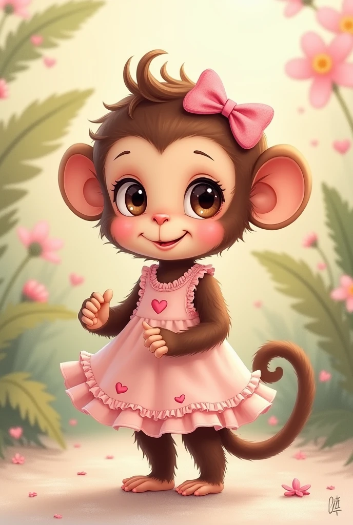 You can create an image of a girl monkey that has a pink bow, cute dress and a heart? Make it look cute.