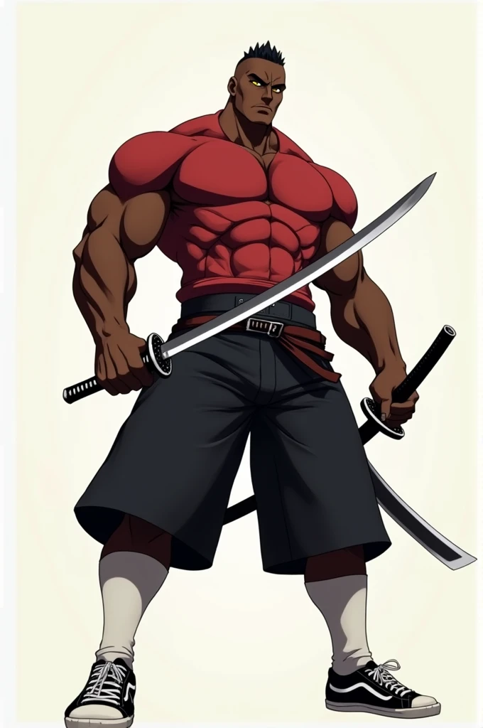 Anime characters: 1 boy, Tall Muscular guy, black, alone, huge pecs, short black hair, buzz cut, red shirt, black shorts, white high socks, black and white shoes, small pupils, yellow eyes, black skinned male, dark skinned, serious face, action pose, holding katannas, best quality