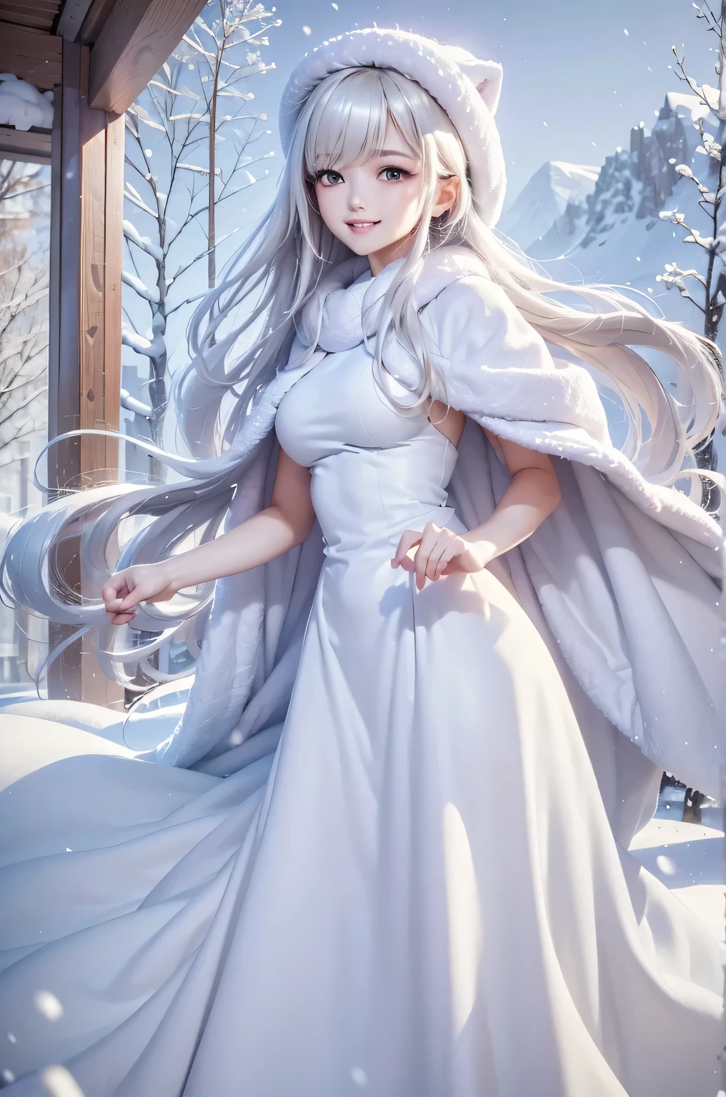 masterpiece、Highest quality、1 girl, winter, white hair, Cute girl, smile, close mouse, medium breasts, sideboob, white dress, winter clothes, long skirt, Fur coat、Small waist、Thin legs、outdoors, snow falling
