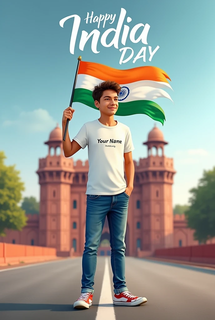 Prompt 👇
Generate a Realistic 20 years old boy, Wearing White T shirt blue jeans sneakers and the name "Your Name" is written on his t-shirt and the boy is standing on the road with holding a national flag of India, and behind him is the Red Fort Delhi. And written on sky "Independence Day" Create Realistic image high quality