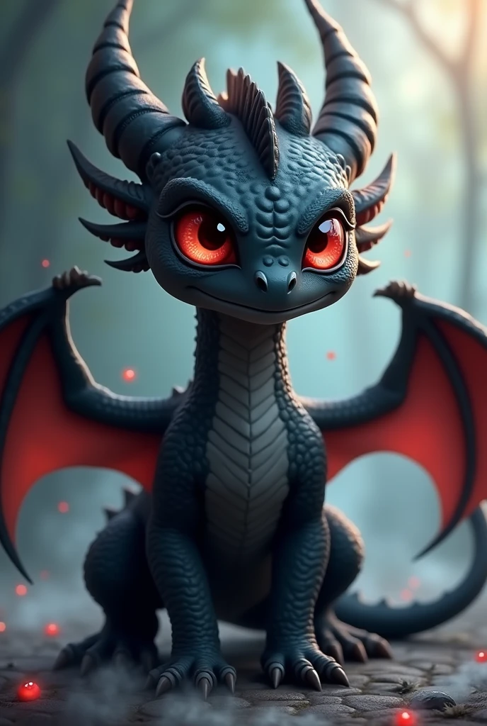 cartoon、The main picture shows a young black dragon(Quadrupeds、Muscular limbs、Detailed description、Beautiful red eyes)、Black mist surrounding