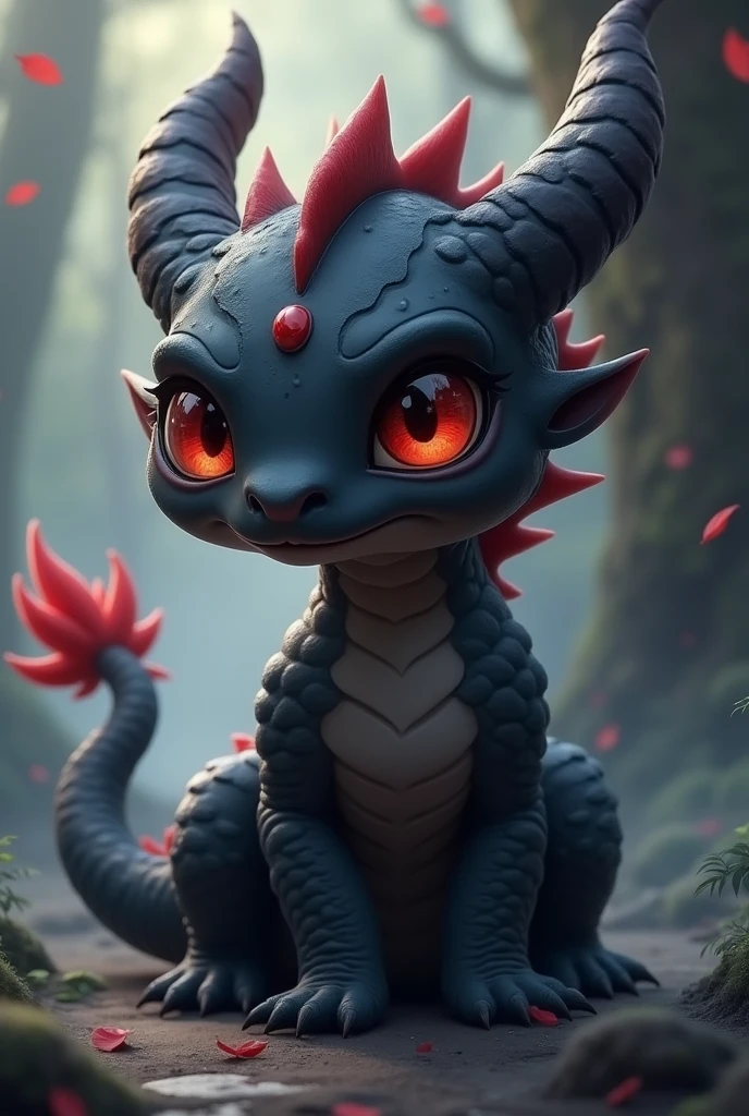 cartoon、The main picture shows a young black dragon(Quadrupeds、Muscular limbs、Detailed description、Beautiful red eyes)、Black mist surrounding