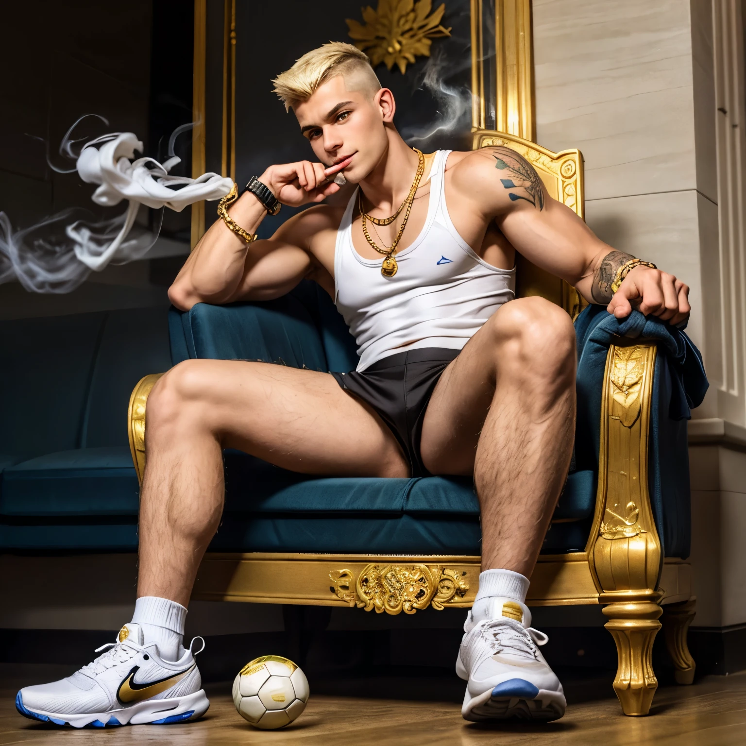 full view full body, one 18 yo slim white European tattooed boy white gold-blond undercut clean shaves aircut, in white tank top and black tight soccer pants, white socks and black Nike air max trainers, golden necklaces, bracelets, rings, sitting proudly on a golden throne, smoking a cigar, looking satisfied, the ground is covered with gold coins, lingots and banknotes, smoking a cigar. A small greenish smoke comes out of the sneakers