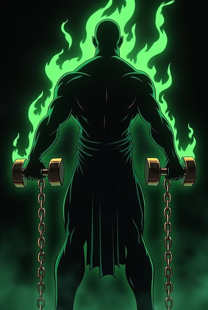 CoDouble hammers connected by a very long chain style anime style mounting atmosphere, black background magic brown shiny in a green flame, Silhouette body builder that keeps it in the background, anime style