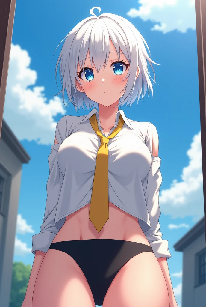 The image shows an anime character with short white hair., big blue eyes. She is wearing a partially unbuttoned white shirt., a yellow tie and black panties. The image is framed from bottom to top, emphasizing the character's body. The background of the image includes a blue sky with some clouds and part of a building.. The character's expression is neutral, with a slight touch of surprise or curiosity. The image has a very sexual and adult tone.
