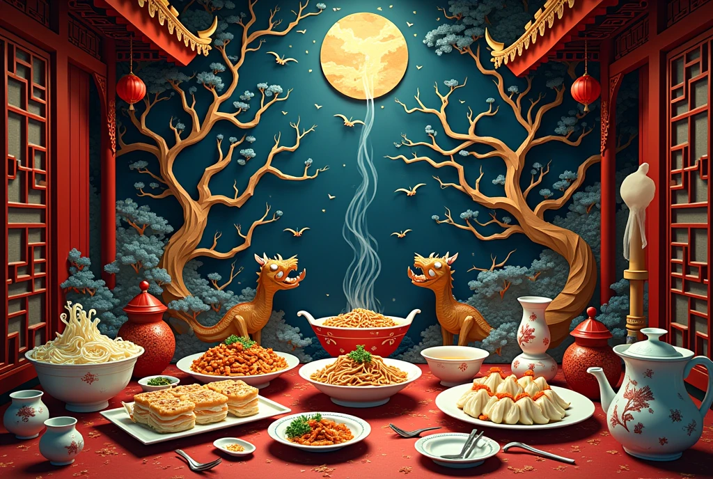 Papercut art. Kirigami. A very detailed and intricate cutout of an ancient chinese restaurant with dishes of chinese food flowing, some monsters and trees flying around the dishes, mystery dark atmosphere at night, no human