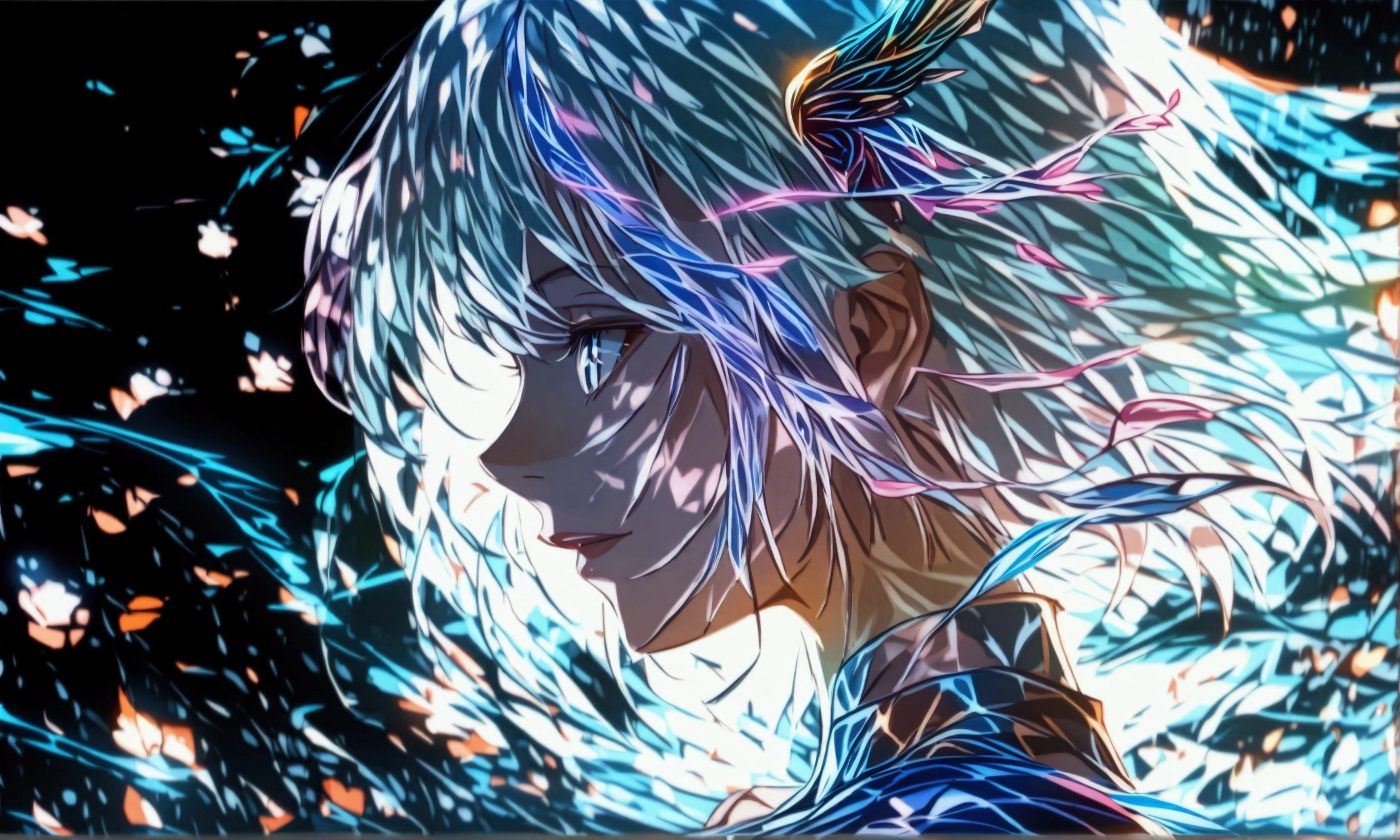 Woman, galaxy body, supernova hair, space void background, "Intricate anime character design inspired by One Piece, stunning lighting, centered character, stunning face, creative details, ultra-fine 2D design, scenery bathed in creativity, boasting 4K 2D anime resolution clarity, high-octane rendering"