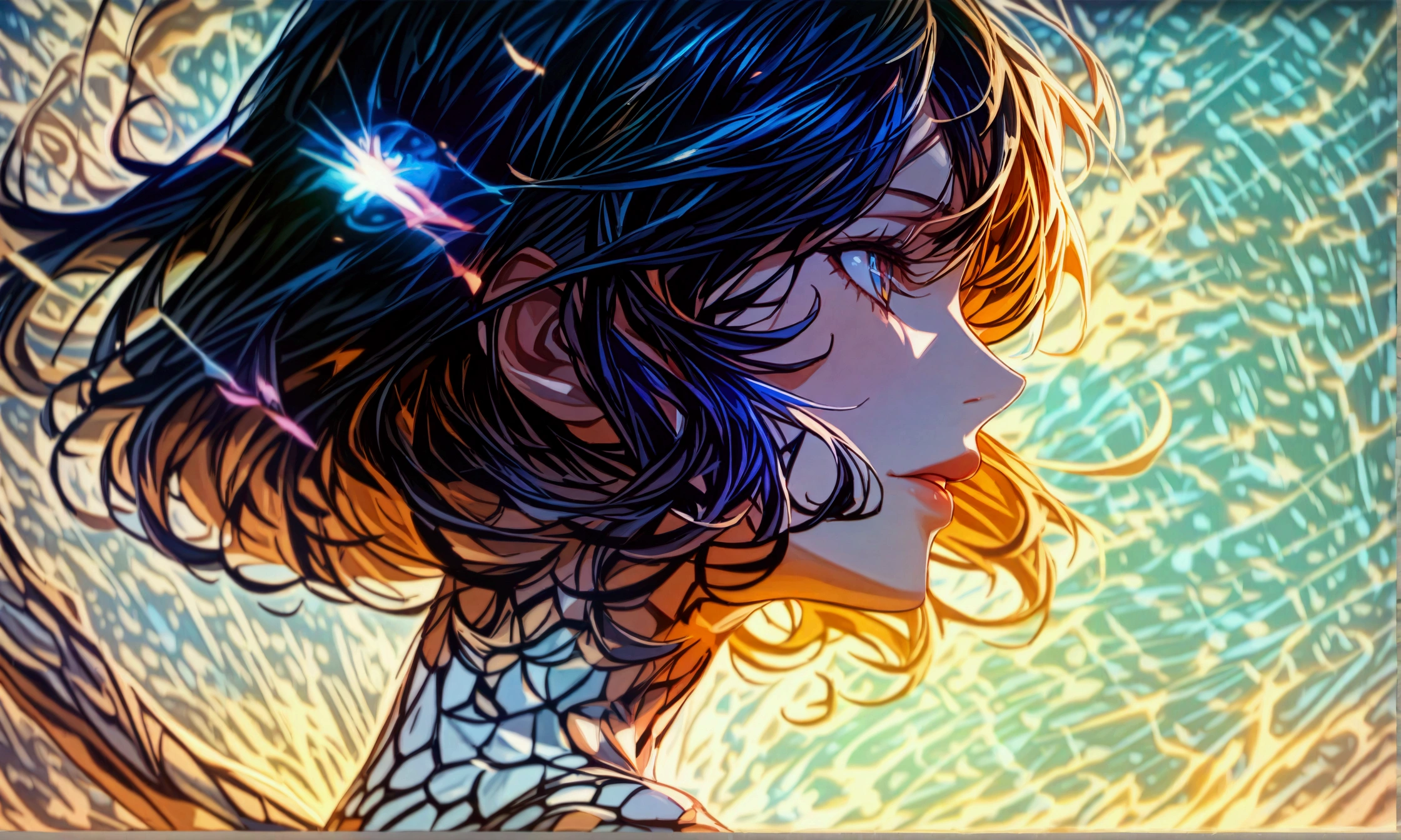 Woman, galaxy body, supernova hair, space void background, "Intricate anime character design inspired by One Piece, stunning lighting, centered character, stunning face, creative details, ultra-fine 2D design, scenery bathed in creativity, boasting 4K 2D anime resolution clarity, high-octane rendering"