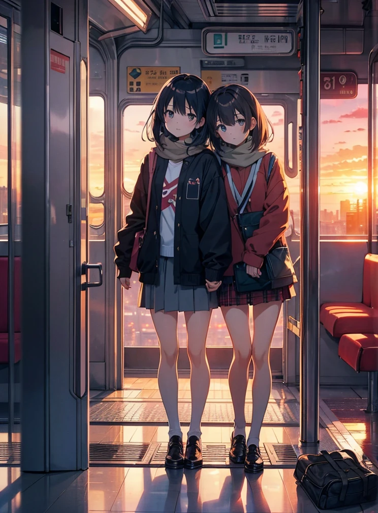 Frame tightness, best photo, Beautiful photo, anime series, beautiful anime style,
2girls, Adults, strings, medium hair, girlfriends, beauty of girls, random outfit, casual wear, Stop, night, unknown city, travel bag on earth, moving, Bus, railway station, waiting areas, около Busа, joy on faces, Hugs,
Cold evening, sunset, Times,
ultra quality, 4K,