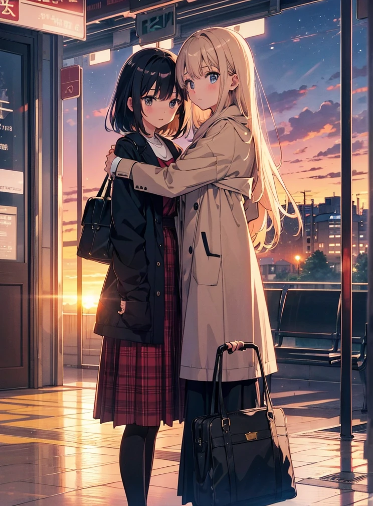 Frame tightness, best photo, Beautiful photo, anime series, beautiful anime style,
2girls, Adults, strings, medium hair, girlfriends, beauty of girls, random outfit, casual wear, Stop, night, unknown city, travel bag on earth, moving, Bus, railway station, waiting areas, около Busа, joy on faces, Hugs,
Cold evening, sunset, Times,
ultra quality, 4K,