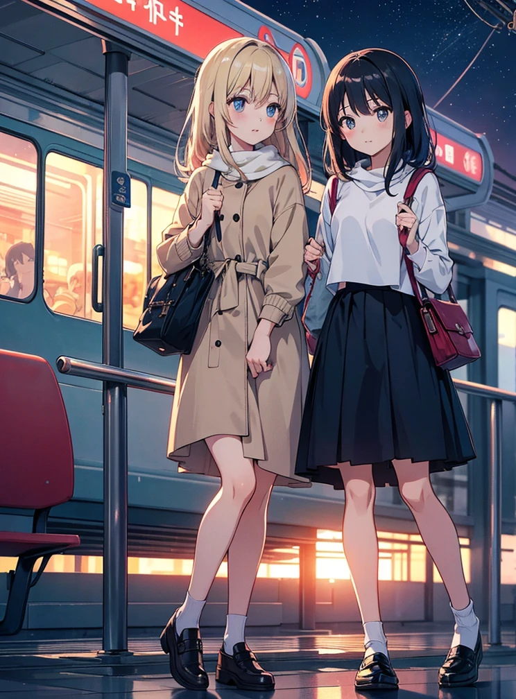 Frame tightness, best photo, Beautiful photo, anime series, beautiful anime style,
2girls, Adults, strings, medium hair, girlfriends, beauty of girls, random outfit, casual wear, Stop, night, unknown city, travel bag on earth, moving, Bus, railway station, waiting areas, около Busа, joy on faces, Hugs,
Cold evening, sunset, Times,
ultra quality, 4K,