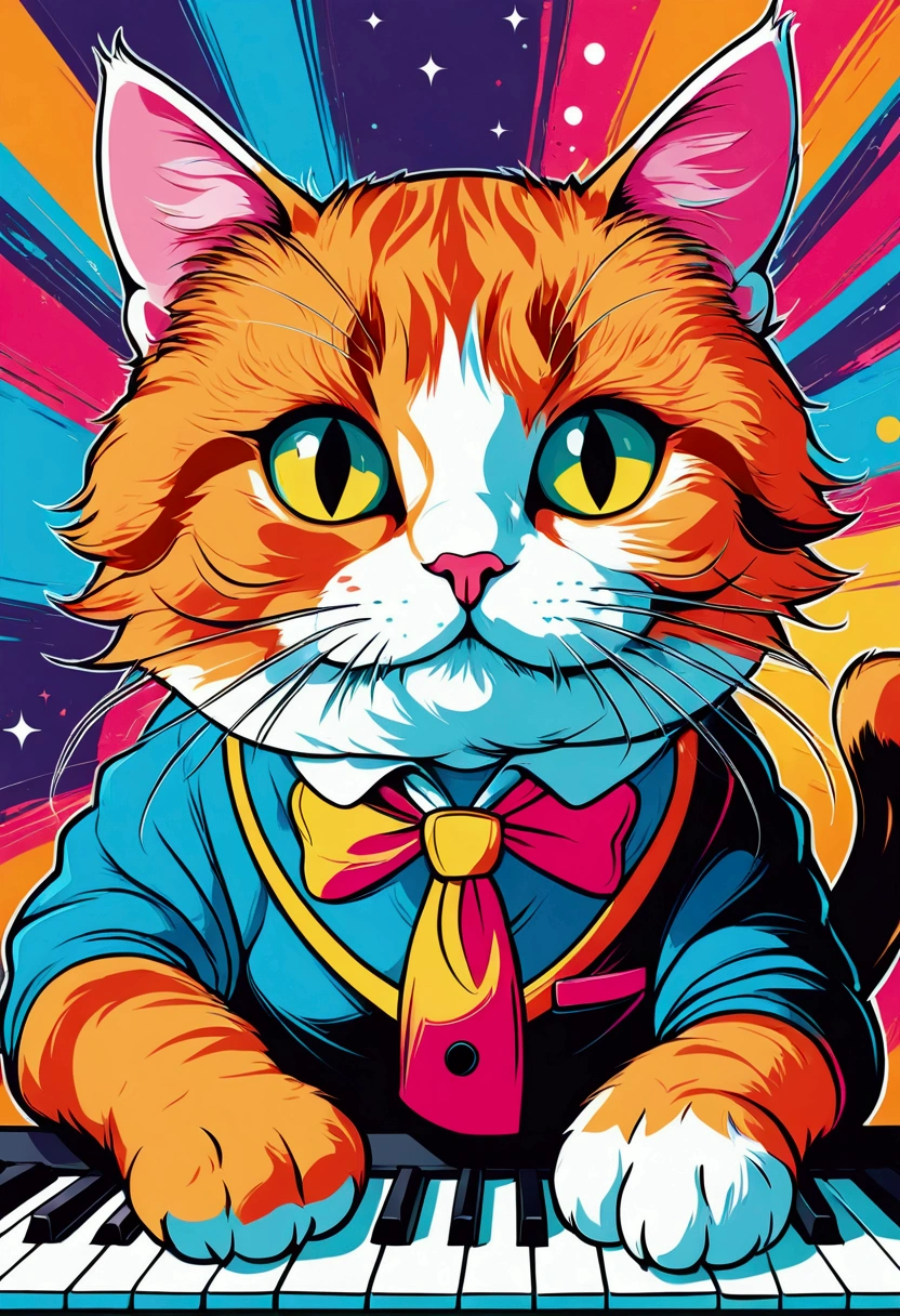 1cat, Meme, Keyboard Cat, cute cat, cartoon cat, funny cat, cat playing keyboard, colorful background, digital art, vector illustration, vibrant colors, bold colors, whimsical, humorous, meme style, internet culture, pop art, (4k,8k,highres:1.2), ultra-detailed, masterpiece, best quality, very aesthetic, absurdres