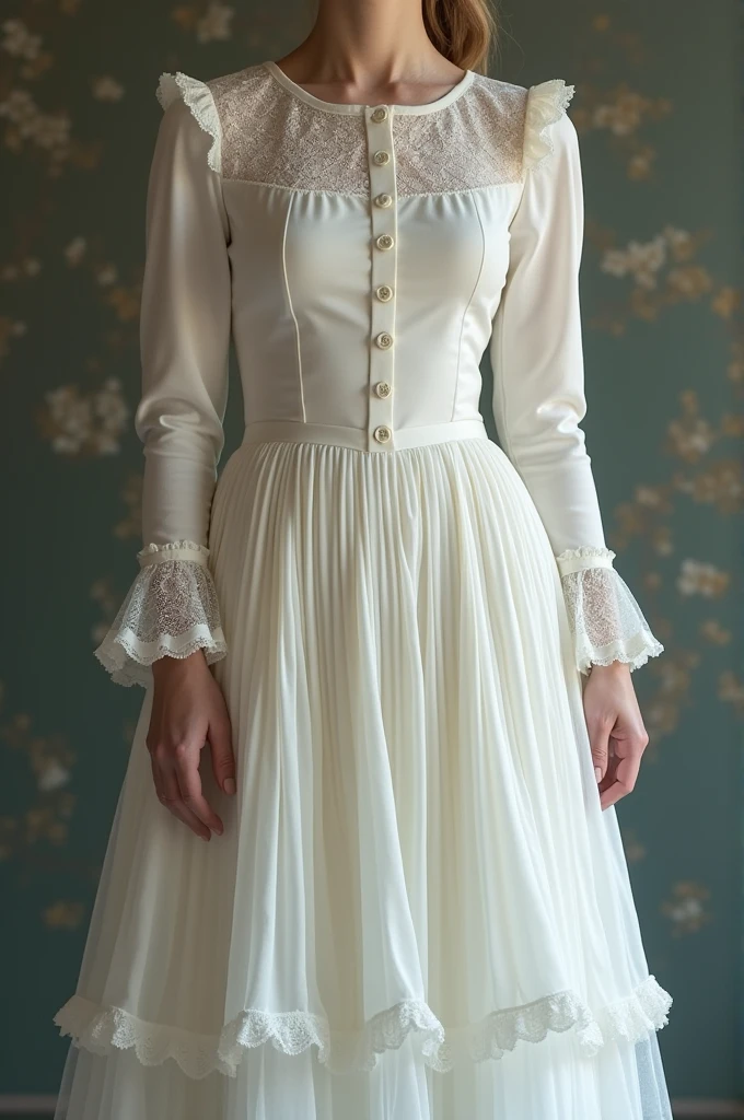 A white dress with a pleated petticoat at knee length, with buttons on the front, Round lace neck and long lace sleeves straight cut