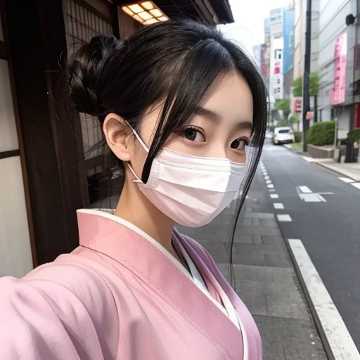 20-year-old women、Japanese、Beauty、The eyes are double、Beautiful Skin、Red kimono、Wearing a pink mask、Selfie、Hair in a bun at the back、Black Hair、