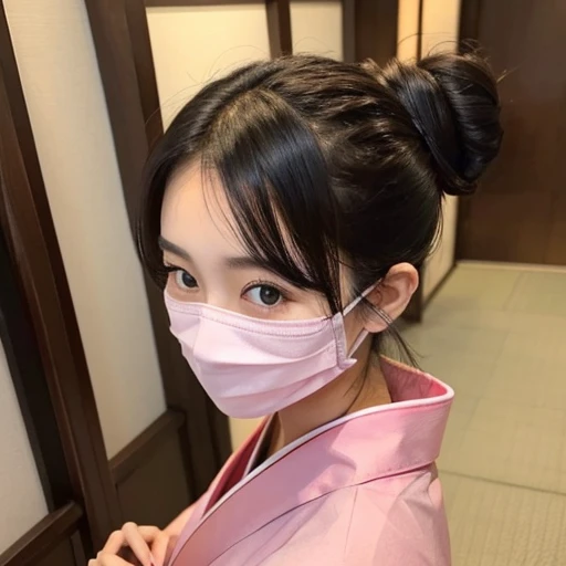 20-year-old women、Japanese、Beauty、The eyes are double、Beautiful Skin、Red kimono、Wearing a pink mask、Selfie、Hair in a bun at the back、Black Hair、