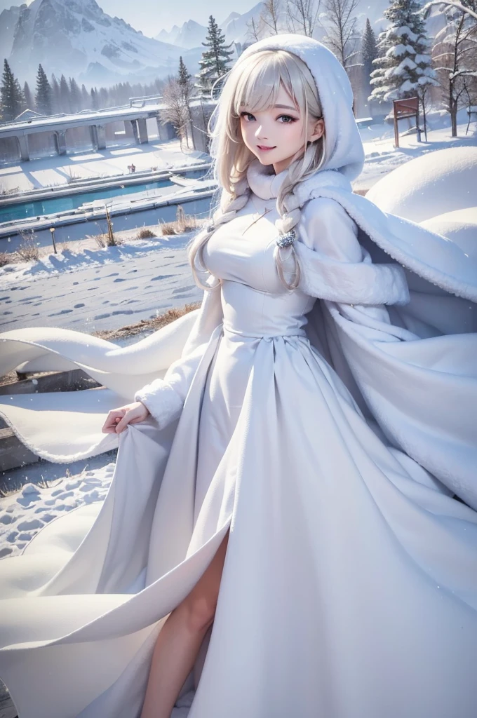 masterpiece、Highest quality、1 girl, winter, platinum blonde hair, Cute girl, smile, close mouse, medium breasts, sideboob:1.2, white dress, winter clothes, long skirt, Fur coat、Small waist、Thin legs、outdoors, front of the lake, snow falling, Prayer Pose, join hands, from backside:1.5, face, style