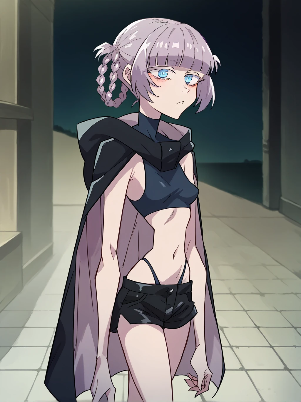 score_9, score_8_up, score_7_up, score_6_up, source_anime, nazunaxl,navel, hair rings, black cloak,long cloak, ringed eyes, small breasts, crop top, blue eyes, hooded cloak, short hair, purple hair, blunt bangs, black shorts, short shorts, braided hair rings, underwear, sleeveless turtleneck, walking alone in a dark street, night.