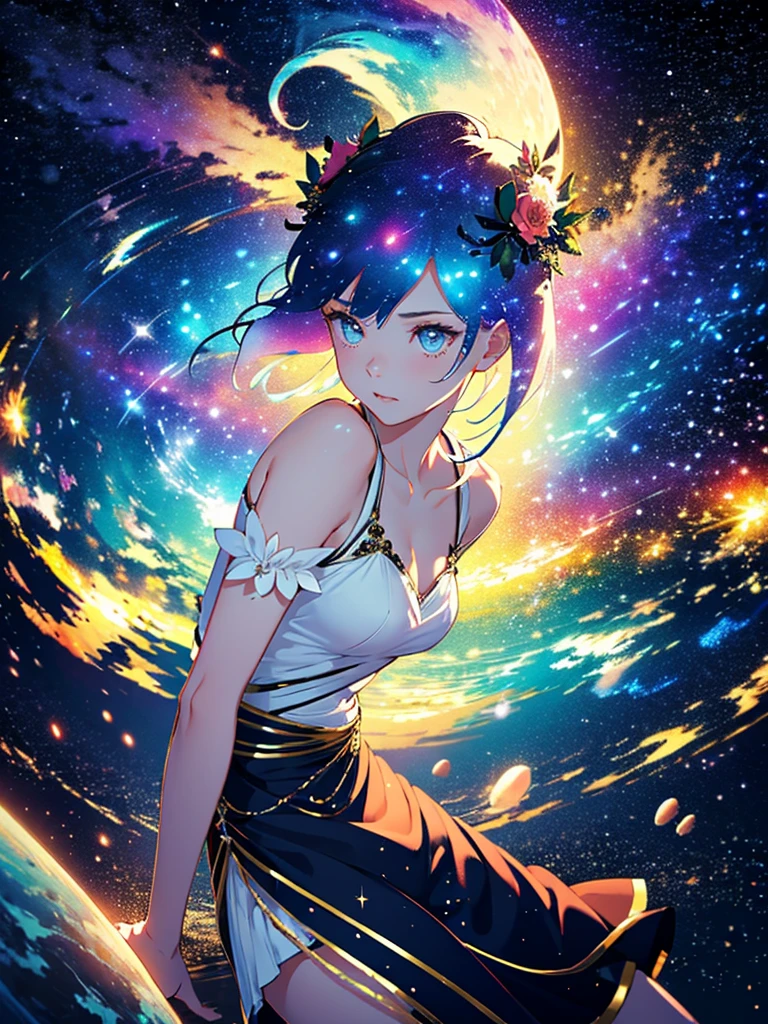high quality, best quality, masterpiece, detailed portrait of female 1girl, long hair, (floating, space, galaxy, colorful), warm lighting, goddess, galaxy, scenery, multicolored flower crown in hair, {{{best quality}}}, {{ultra-detailed}}, {illustration}, cinematic angle, {detailed light},cinematic lighting, ancient greek dress, celestial,