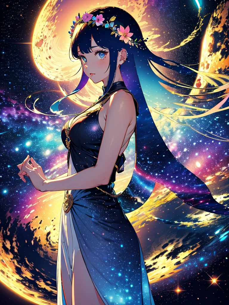 high quality, best quality, masterpiece, detailed portrait of female 1girl, long hair, (floating, space, galaxy, colorful), warm lighting, goddess, galaxy, scenery, multicolored flower crown in hair, {{{best quality}}}, {{ultra-detailed}}, {illustration}, cinematic angle, {detailed light},cinematic lighting, ancient greek dress, celestial,