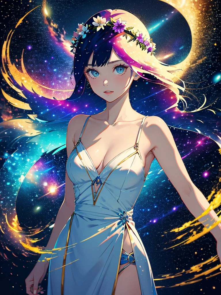 high quality, best quality, masterpiece, detailed portrait of female 1girl, long hair, (floating, space, galaxy, colorful), warm lighting, goddess, galaxy, scenery, multicolored flower crown in hair, {{{best quality}}}, {{ultra-detailed}}, {illustration}, cinematic angle, {detailed light},cinematic lighting, ancient greek dress, celestial,