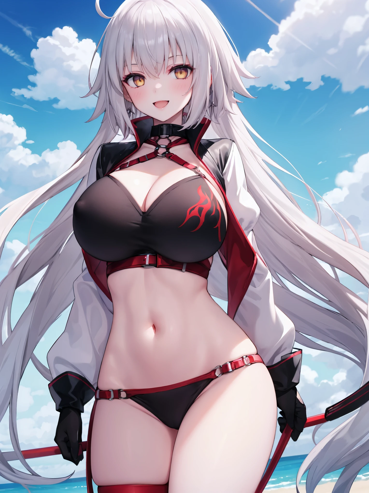 masterpiece, best quality, 1girl, , silver hair, ahoge, gold eyes, shaggy_long_hair,, gigantic_breasts, , blue sky_beach_landscape,covered_groin,covered_nipples,solo,young_,,open_legs,,crotch_armor,cowboy_shot,crotch, asymmetrical legwear, long hair, bikini, black bikini, black gloves, gloves, long sleeves, navel, o-ring, o-ring bikini, o-ring bottom, o-ring top, puffy long sleeves, puffy sleeves, red legwear, single thighhigh, swimsuit, thigh strap, thighhighs, uneven legwear,smile,nihil,open_mouth,angry,glare,dynamic_standing,jeanne D'arc alter,