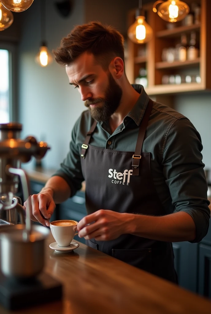 Make me a realistic and nice photo of a bartender making coffee with the apron with the name Steff Coffe on it
