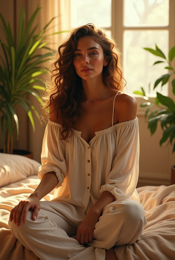 (photorealism:1.2), beautiful woman, sitting on bed, wearing loose off-shoulder top, pajama pants, long curly hair, indoors, soft lighting, plants in background, window with sunlight, cozy room, relaxed pose, realistic, intricate details, warm colors, by Greg Rutkowski, by Alphonse Mucha