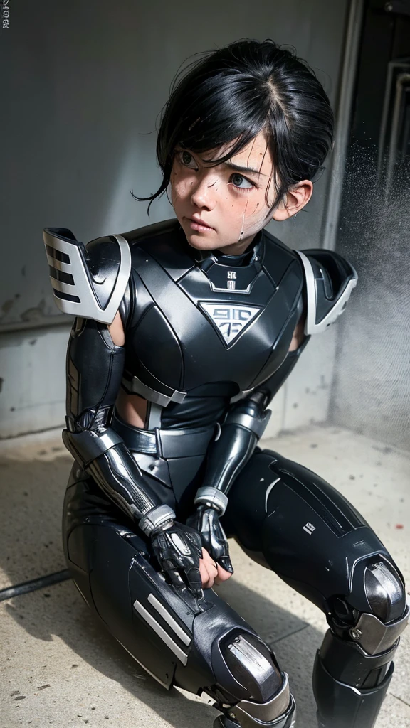 Highest quality　8k Cyborg Suit Girl　Heavy Armor　　Elementary school girl　Sweaty face　cute　Boyish short hair　Very short hair　Steam coming out of my head　My hair is wet with sweat　Black Hair　Broken and unable to move　　Lying down　Soaked Face　My crotch is wet