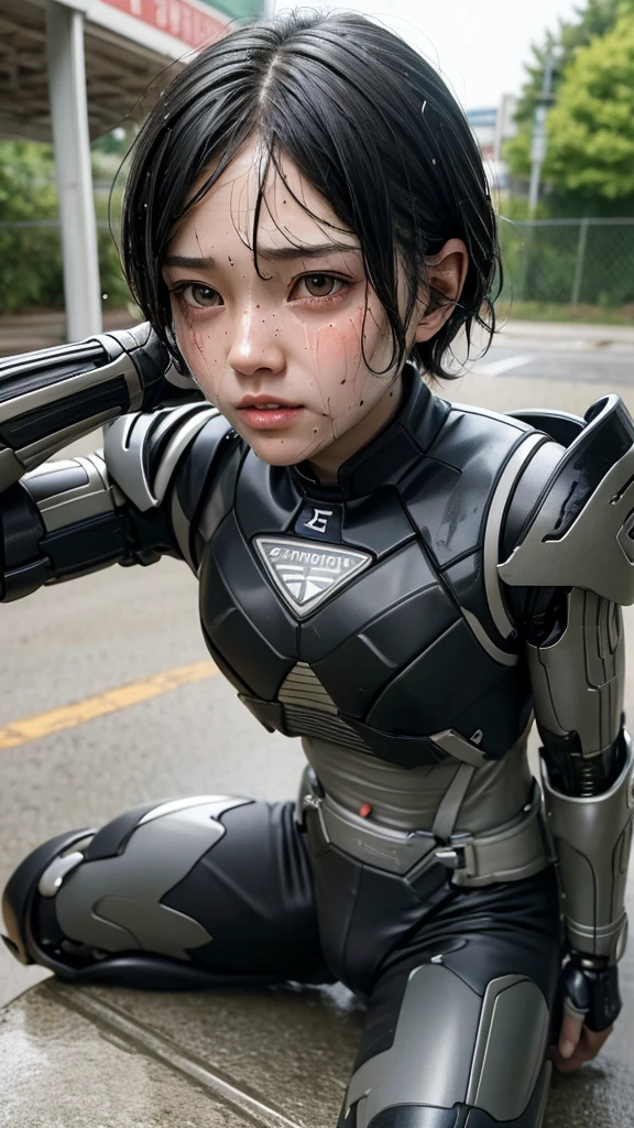 Highest quality　8k Cyborg Suit Girl　Heavy Armor　　　Sweaty face　cute　Boyish short hair　Very short hair　Steam coming out of my head　My hair is wet with sweat　Black Hair　Broken and unable to move　　Lying down　Soaked Face　My crotch is wet