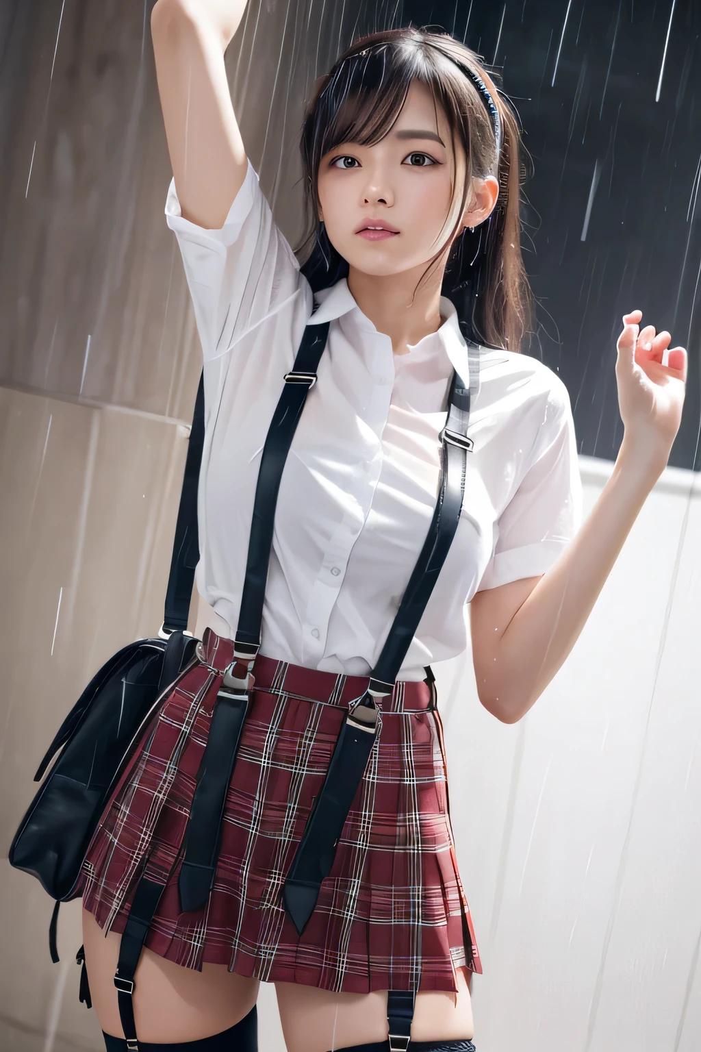 1 female, , high quality, masterpiece, Ultra-high resolution, Cinema Lighting, 1 female, , high quality, masterpiece, Ultra-high resolution, , Cinema Lighting, suspenders　　　Moderate breasts　 　 　　　　　 　　　　Small face　 　　　　　　　　　　　Looking up　　　　Sweat 　　　Thin belt　buzzer　脇Sweat 　　　　 　Garter belt　　Belt on pants　　holster　 　　Hands behind your back　 　Looking up　Anxious face　Knee-high　Knee socks　Knee-highソックス 　garter　ふとももにGarter belt　Checkered mini skirt　 　　Panty shot　Skirt gap Armament　　　holster　holster 　　Hands behind your back　 Anxious expression　　Anxious face, legs apart　Armament　　Leg holster　holster　See-through clothing　heavy rain　Rain-soaked dress shirt,