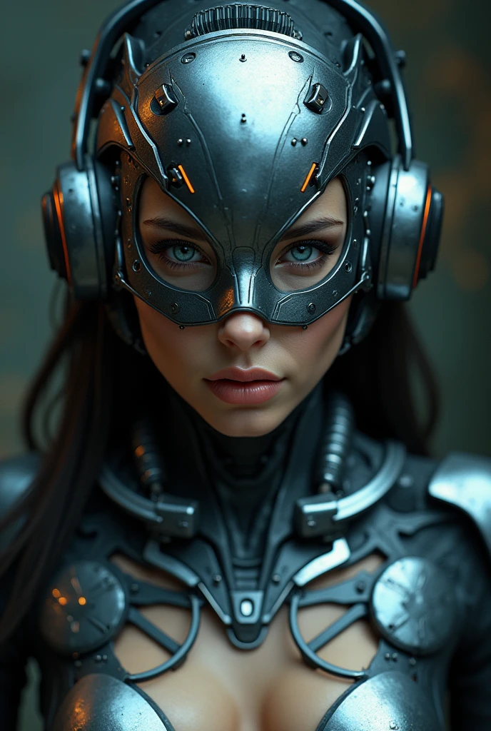create an image of a woman with realistic cyborg face and body sexy ultrahd