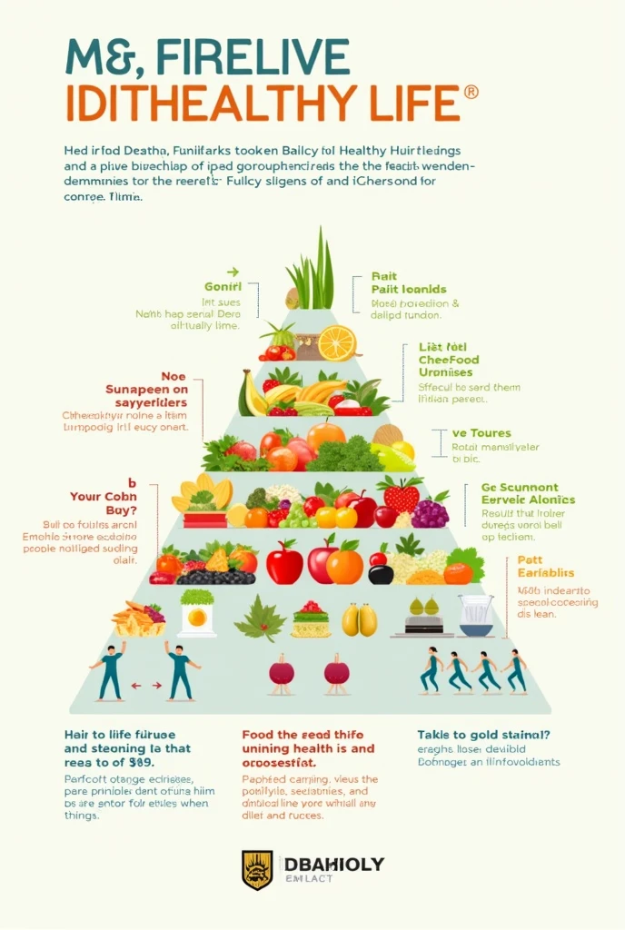 An infographic summarizing the key aspects of a healthy life, like a food pyramid or a picture of people exercising.