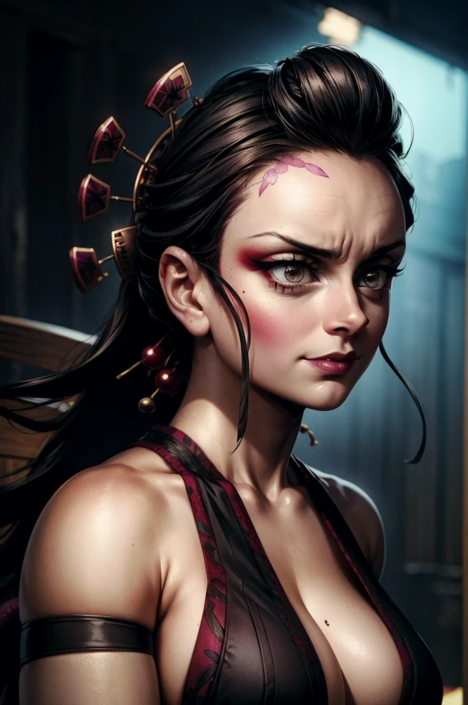 A tall samurai mature woman in realistic portrait of high quality and detail, movie style, Daki (Kimetsu no Yaiba), mature face, 43 years old, Geisha, white makeup, She has Japanese traditional hairstyle, traditional hairstyle-nihongami, black eyes, pale skin, asian girl, She is wearing a traditional Japanese pink armor, blood on her clothes, medium breast, curvy body, milf, mole on her face, dark fantasy, dark atmosphere, dramatic look, glow, eye shadow, 1girl, Depth & Perspective, angry smiling face, fine face, She's standing in the japanese street, outdoors, snow on background, winter, night time, looking at viewer, (ultra-high detail:1.2), Masterpiece, Best Quality, Ultra-detailed, Cinematic lighting, 8K, delicate features, cinematic, 35 mm lens, f/1.9, highlight lighting, global lighting –uplight –v 4, cinematic, Cinematic lighting, 8K, high quality, Highest Quality, (Solo Focus), (extremly intricate:1.3), (Realistic), masterful, Analog style, (Film grain:1.5), (cold tone),
