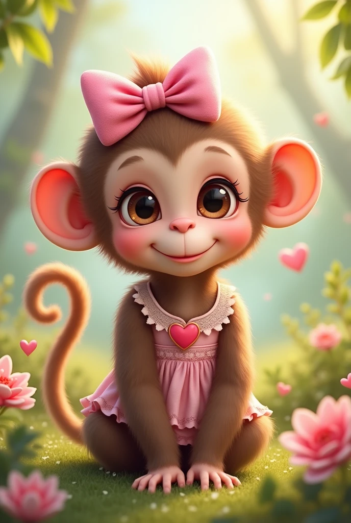 You can create an image of a girl monkey that has a pink bow, cute dress and a heart? That she looks cute and is sitting 