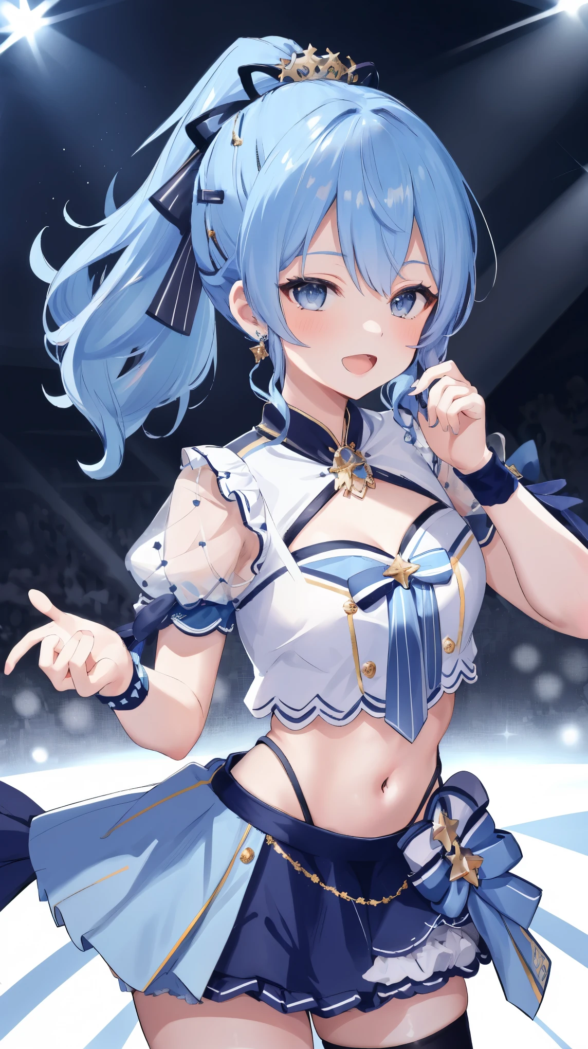 masterpiece, best quality, absurdres, 1girl, solo, Hoshimachi Suisei, light blue hair, blue eyes, happy, smile, parted lips, slender, sidelocks, ponytail, toned,
idol, idol clothes, hololive idol uniform, bowtie, blue skirt, brooch, dress, concert, on stage, frilled skirt, jewelry, layered dress, short sleeves, tiara, midriff, thighhighs,shout,(open_mouth:1.3),singing,(angry:0.6), (glare:0.6), idle_live,audience_landscape,light up_girl,solo,shiny_effects,smile。joy,happy,(slanted_eyes:1.3)