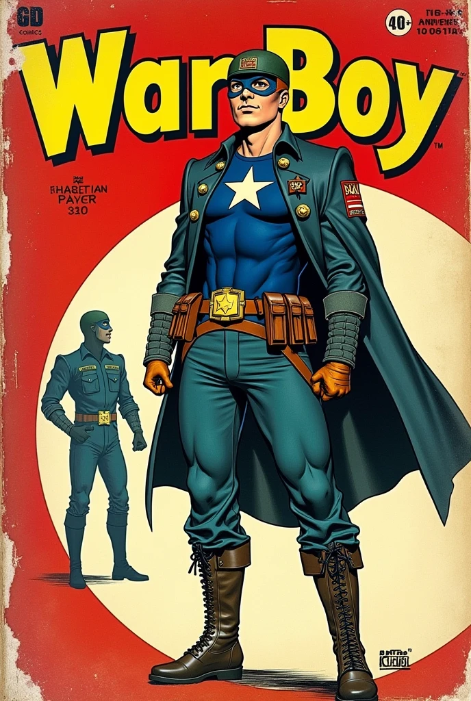 Comic se superheroes from Atlas Comic with images of a hero named War Boy with His costume is a mix between a military outfit and a superhero costume he wears a tight dark blue t-shirt and a jacket with insignia that represent his status as a hero. The predominant colors are blue, the red and the white, evoking a patriotic aesthetic and War Boy wears a belt with several compartments and carries a star on his chest, symbolizing his connection to patriotism he also wears military boots and,  gloves. Put it on the cover and the letters Atlas Comics in yellow cokor above it. This comic is from 1954