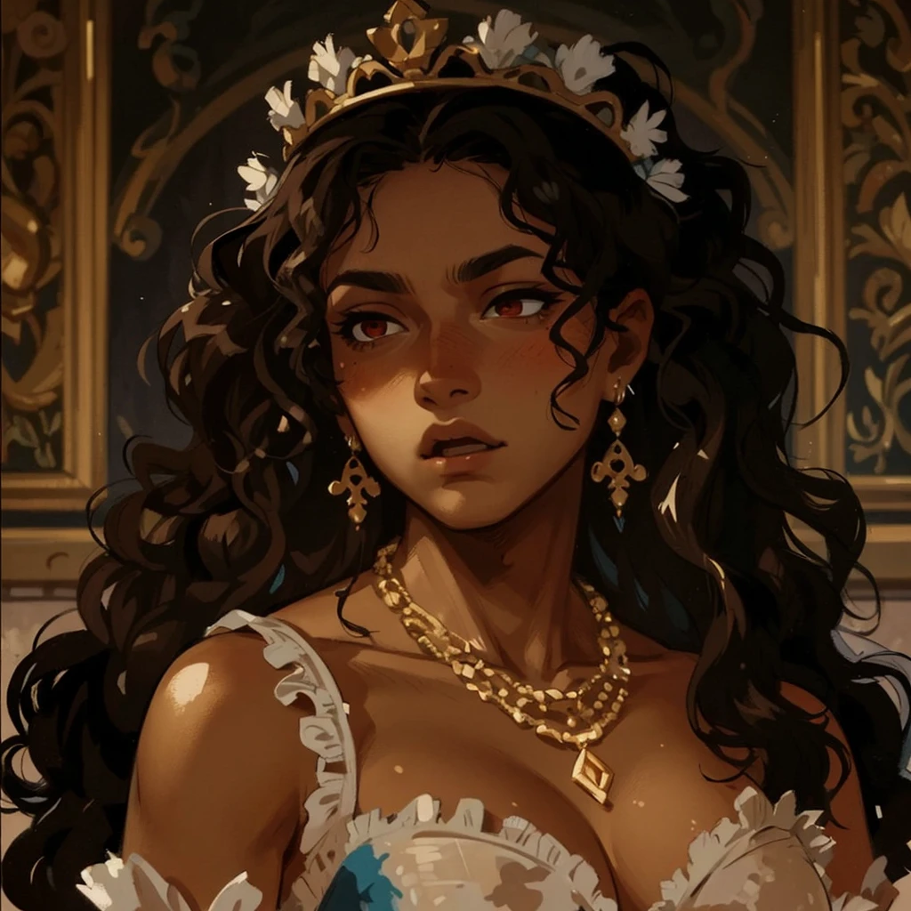 baroque art, canvas painting, a boy, fair skin, no beard, red eyes, narrow eyes, serious expression, blond hair, long hair, straight hair, white button-down shirt, black pants, crown on head, sitting on a throne
