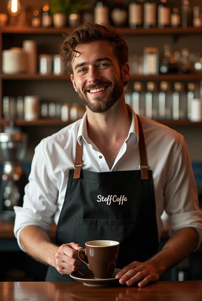 Make me a realistic and nice photo of a bartender making coffee with the apron with the name Steff Coffe on it