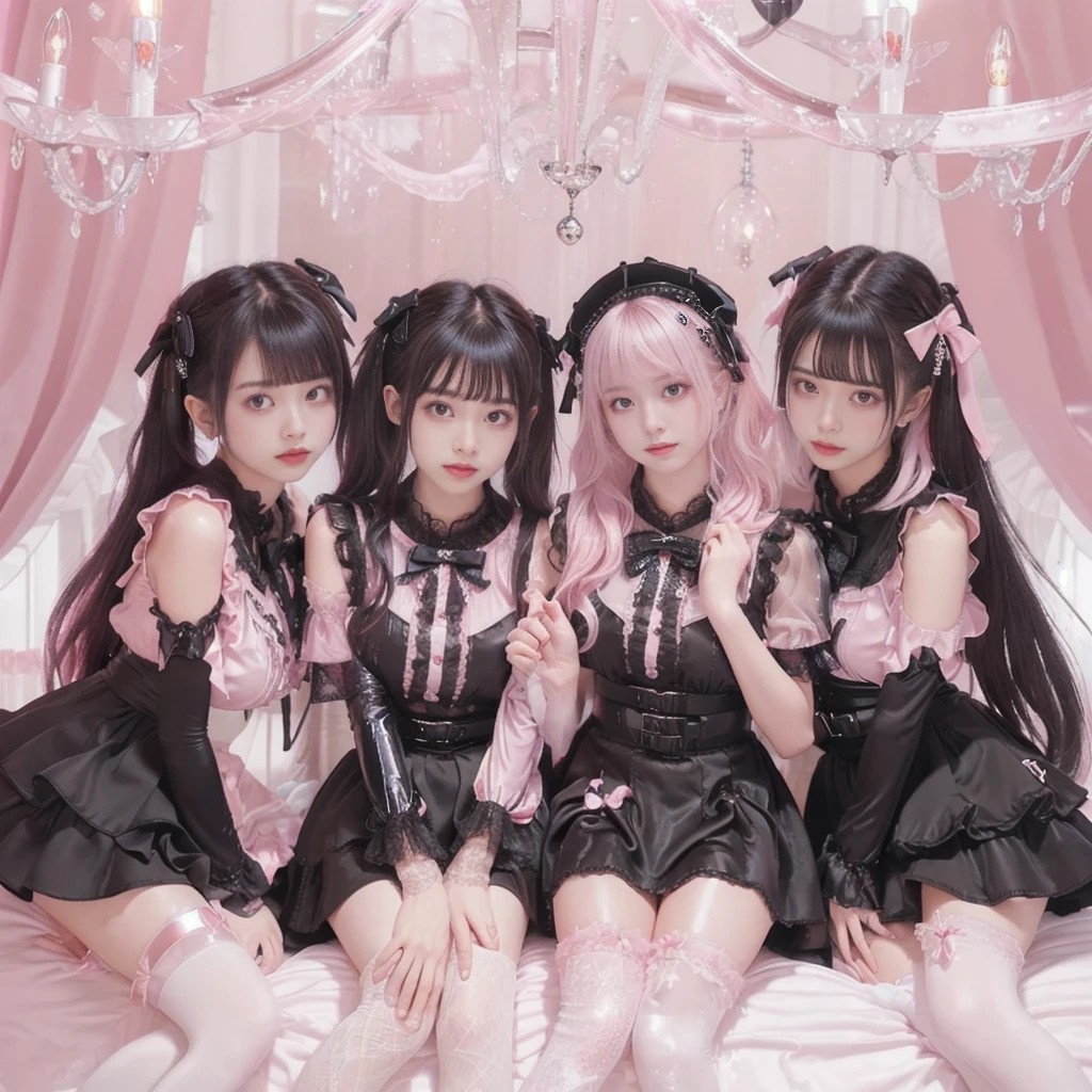 8K resolution, surreal, Super detailed, high quality, perfect anatomy, jammed, (4 girls)++, group shot, grin, smiling, Phenomenally cute, perfect proportion, full body, (((shiny pink satin, shiny pink latex, high neck, jirai fashion, short dress with many frills, pink Lace, micro mini skirt, bow ribbon)))+, (((bleached hair)))+, ((super large breasts)), sitting on bed, (At the bedroom with Chandelier at late night), ((see-through black thighhighs))+, looking at viewer, wet skin, sweat