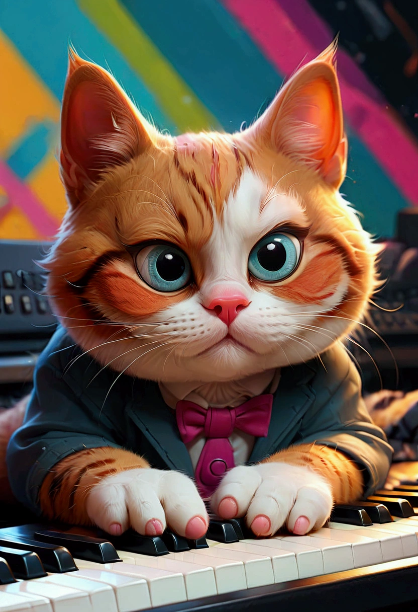 1cat, Meme, Keyboard Cat, cute cat, cartoon cat, funny cat, cat playing keyboard, colorful background, digital art, vector illustration, vibrant colors, bold colors, whimsical, humorous, meme style, internet culture, pop art, (4k,8k,highres:1.2), ultra-detailed, masterpiece, best quality, very aesthetic, absurdres