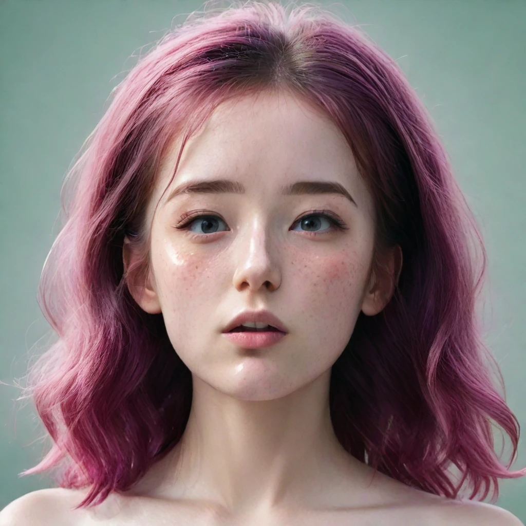 Beautiful 1 girl, standing alone, long hair, looking ahead at viewer, bangss, simple background, greeneyes, pink hair, parted lips, teeths, lips, eyelash, Messy hair, portraite, close up, freckles, realisitic