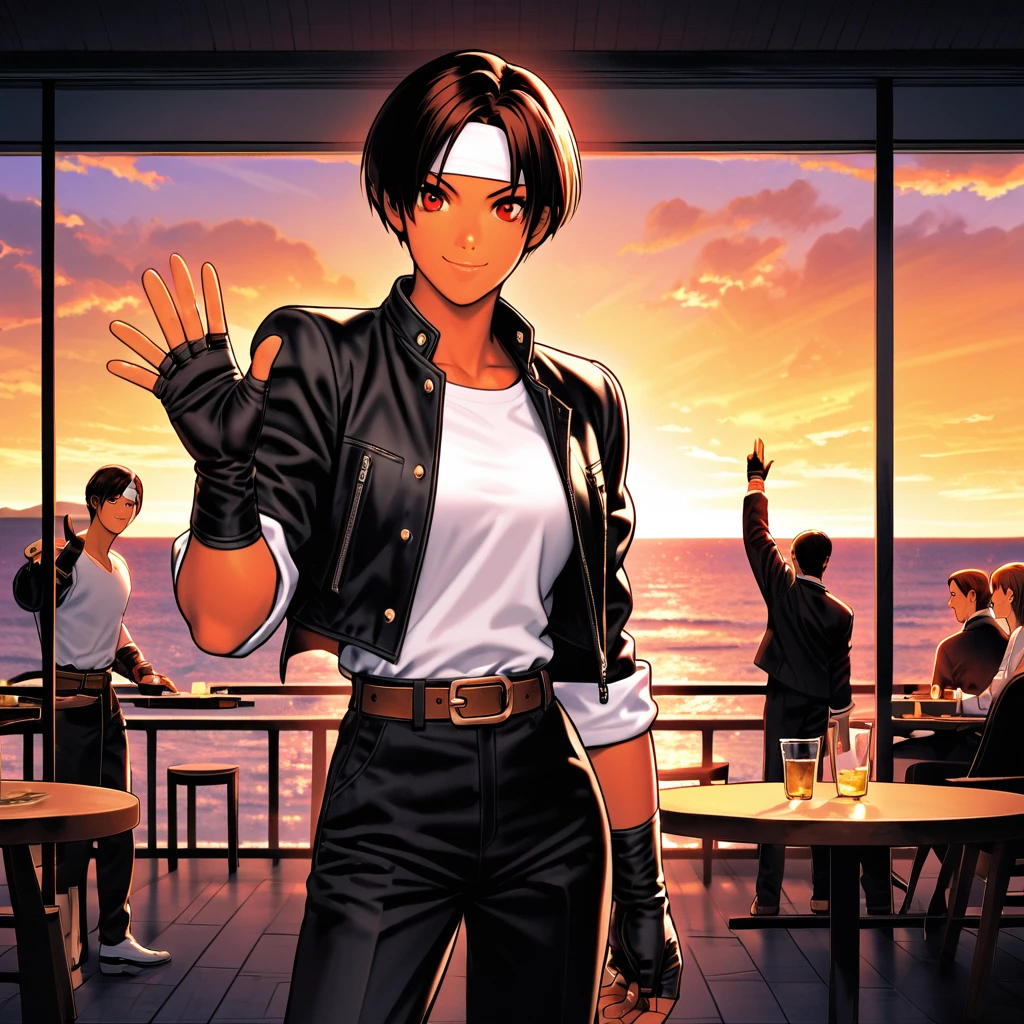 One person,woman,short hair,Dark Skin,Red eyes,（black jacket with sleeves rolled up）,Fingerless gloves,White T-shirt, （White headband on forehead）,Black trousers,White shoes,Brown belt,cute,Indoor Party,Charm Points,Ocean View,Slightly large chest,Outdoor,high quality,good looking,A confident smile,Dining with friends on the terrace,Vibrant atmosphere,Standing posture,Waving to a friend