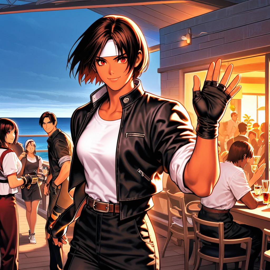 One person,woman,short hair,Dark Skin,Red eyes,（black jacket with sleeves rolled up）,Fingerless gloves,White T-shirt, （White headband on forehead）,Black trousers,White shoes,Brown belt,cute,Indoor Party,Charm Points,Ocean View,Slightly large chest,Outdoor,high quality,good looking,A confident smile,Dining with friends on the terrace,Vibrant atmosphere,Standing posture,Waving to a friend