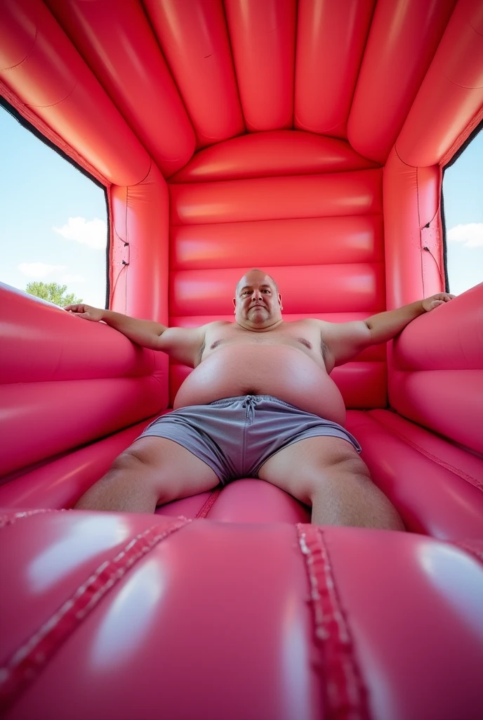 there is a obese old man in swim trunks reclining in a giant pink indoor inflatable bounce house , bald, fat, inflatable, photo shoot, inflated pvc bounce house, giant bounce house